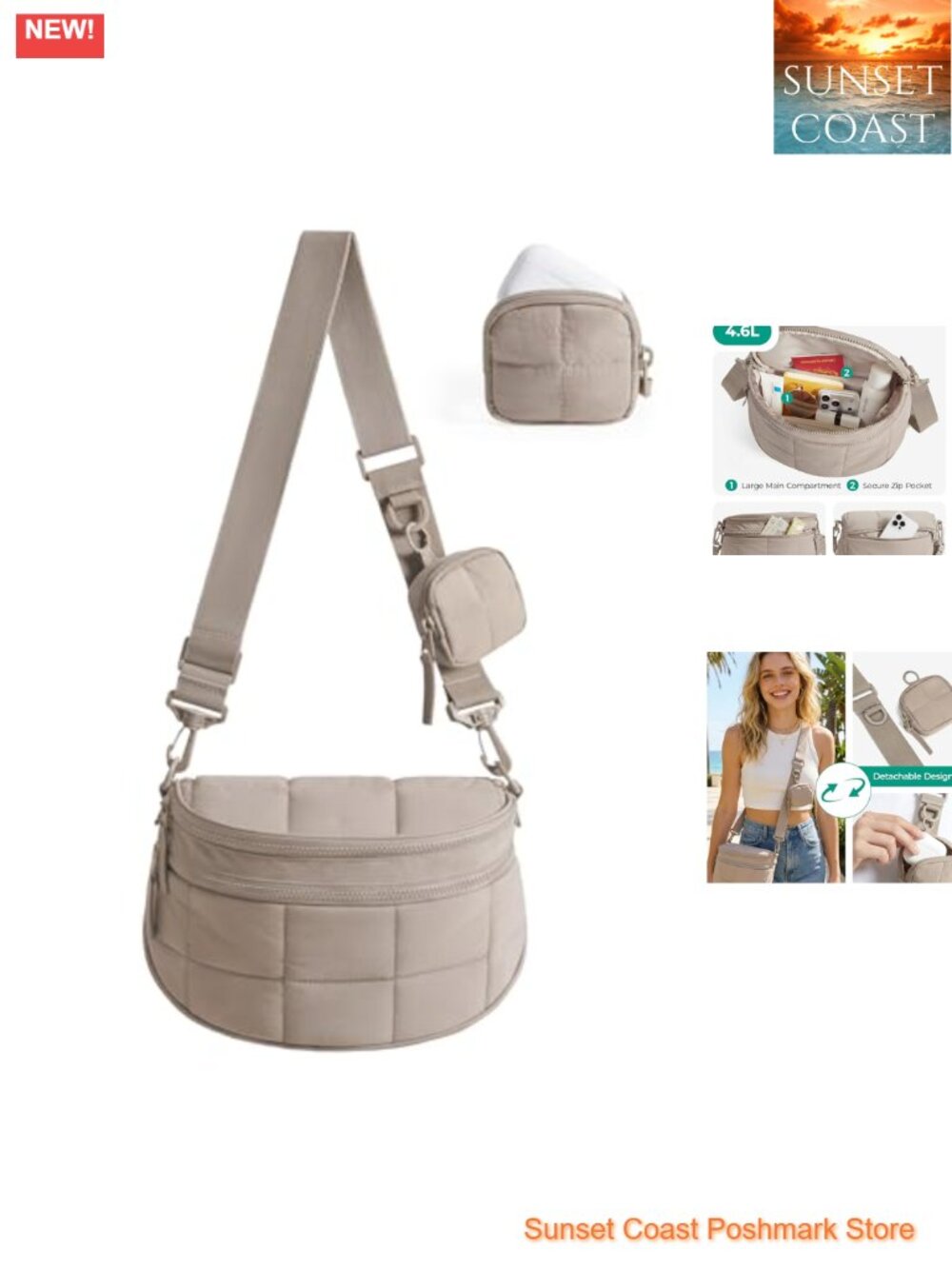 Quilted Nylon Puffer Crossbody Bag with Detachable Pouch, Bum Bag, Hobo